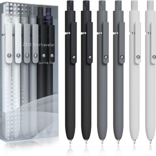 Gel Pens, 6 Pcs 0.5mm Fine Point Black Ink Pen With Smooth Writing, Office Desk Accessories, School Supplies Gifts for Men Women, Quick Dry Pens For Journaling, Black/Gray/White
