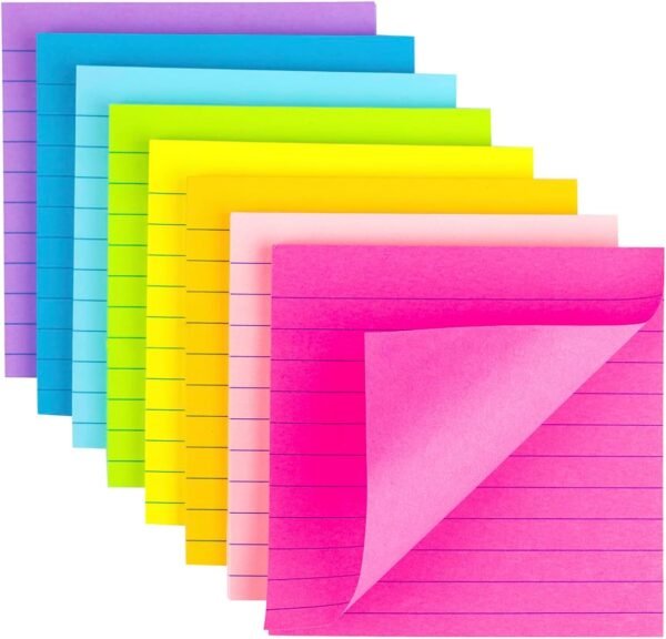 (8 Pack) Lined Sticky Notes 4x4 Bright Stickies Colorful Super Sticking Power Memo Pads, 8 Colors, Strong Adhesive
