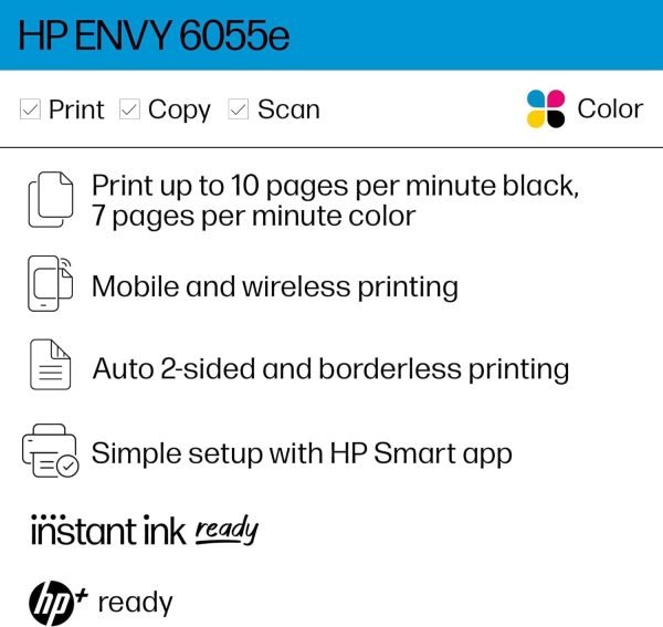 61wNqLOSQL._AC_SL1500_.jpg HP ENVY 6055e Wireless Color All-in-One Printer with 3 Months Free Ink with HP+ (223N1A) (Renewed)