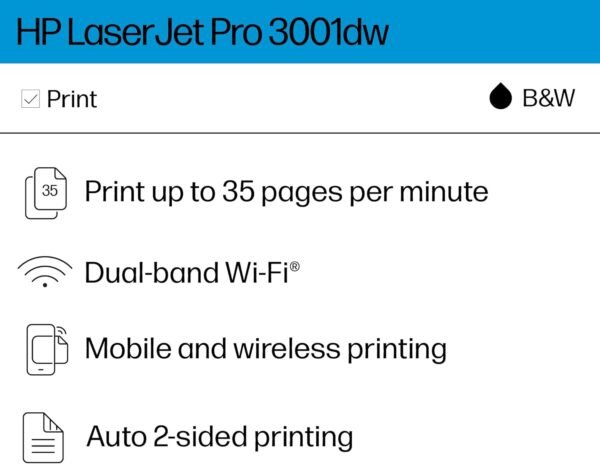 HP LaserJet Pro 3001dw Wireless Black & White Printer, Best-for-Office (3G65OF)
