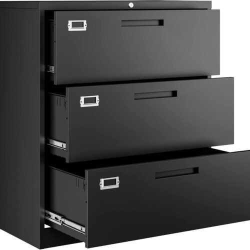 Letaya Lateral 3 Drawer File Cabinets with Lock, Metal Filing Storage Vertical Cabinets,Home Office Furniture for Organization Hanging Letter/Legal/F4/A4(Black)