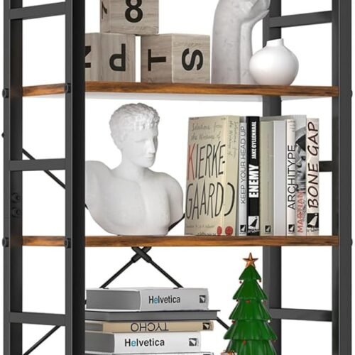 Sweetcrispy Book Shelf, 5 Tier Bookcase, Modern Tall Bookshelf for Garage Kit, CDs, Movies, Industrial Corner Storage Organizer for Bedroom Home Office Kitchen Living Room, Rustic Brown