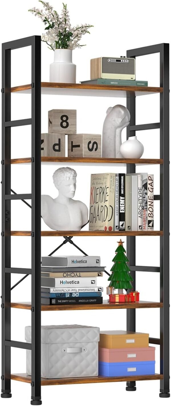 Sweetcrispy Book Shelf, 5 Tier Bookcase, Modern Tall Bookshelf for Garage Kit, CDs, Movies, Industrial Corner Storage Organizer for Bedroom Home Office Kitchen Living Room, Rustic Brown