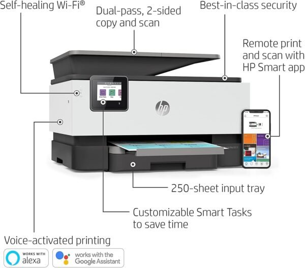 HP OfficeJet Pro 9015 All-in-One Wireless Color Printer, with Smart Home Office Productivity, HP Instant Ink, Works with Alexa (1KR42A)