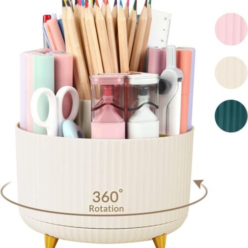 SKYDUE 360 Degree Rotating Desk Organizer, Dual-Purpose Pencil Pen Holder for Desk, Rotating Desk Pen Organizer with 5 Slots, Pencil Cup for Office, School, Home Beige