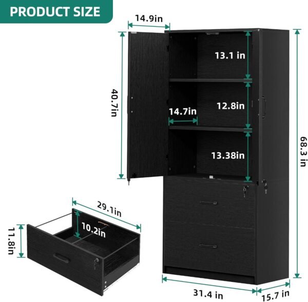 YITAHOME Wood File Cabinets, Heavy Duty Garage Tool Cabinets with Doors & Adjustable Shelves, Big Storage Filing Lockers for Home Office, Living Room, Pantry, Gym, Basement, Warehouse, Black