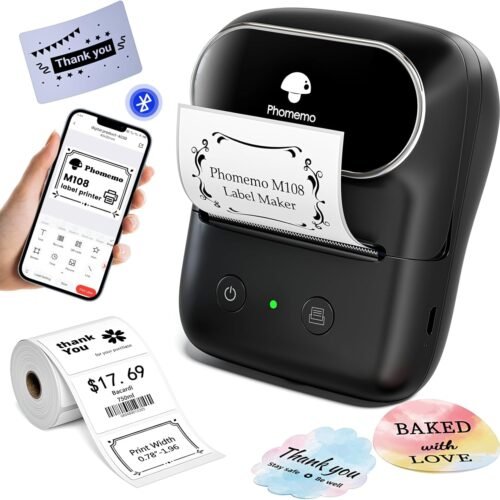 Phomemo Label Maker - M108 Bluetooth Address Label Makers for Small Business, Home, Office, 2 Inch Barcode Label Printer with 300+ Templates, Sticker Printer for Address/Logo/Clothing Label, Black