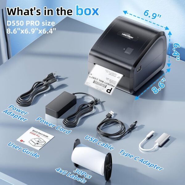 Bluetooth Thermal Label Printer 4x6, Ethernet Shipping Label Printer, D550 Pro Wireless Thermal Shipping Label Printer for Small Business, Office, Home, Support Bluetooth/Ethernet/USB