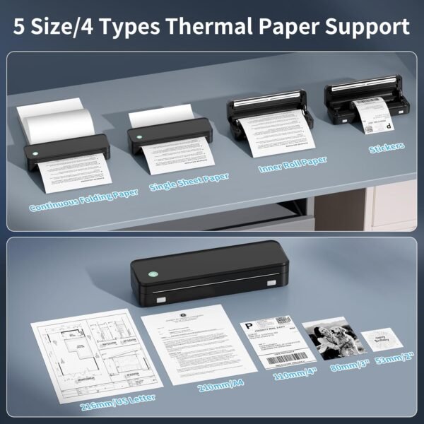 Portable Printer with 6 Rolls Multi-Size Paper, Bluetooth Inkless Thermal Printer Compatible with iOS, Android, Laptop, Used for Travel, Office, Home(Black)
