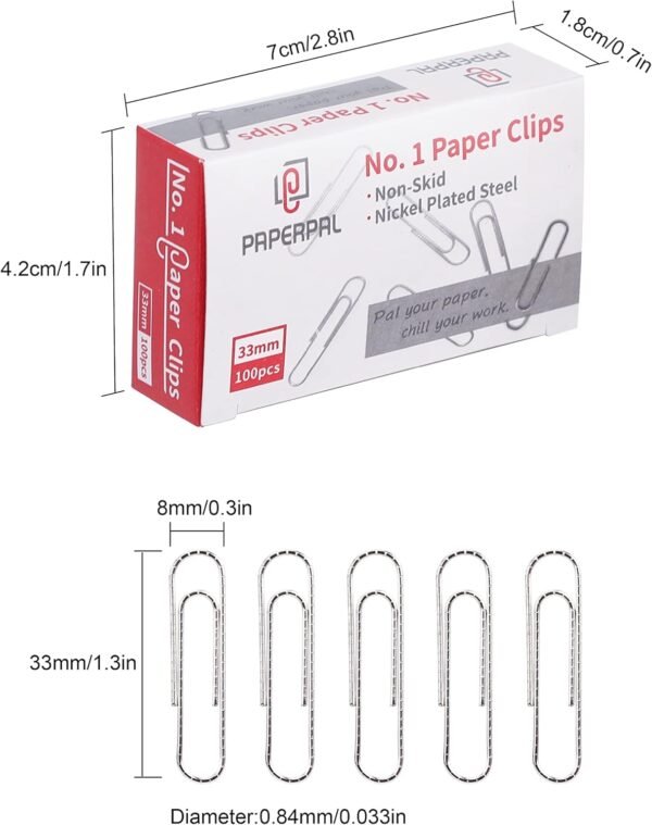 PAPERPAL #1 Nonskid Paper Clips, 600 Medium Paperclips for Office School & Personal Use, Daily DIY, 1-2/7" Silver Heavy Duty Non-Skid Paper Clip Standard Size(6 Boxes of 100 Each)