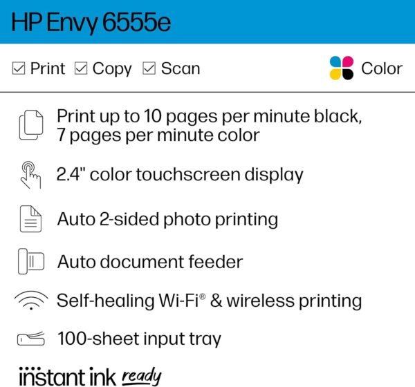 HP Envy 6555e Wireless All-in-One Color Inkjet Printer, Print, scan, Copy, Duplex Printing Best-for-Home, 3 month Instant Ink trial included (714N5A)