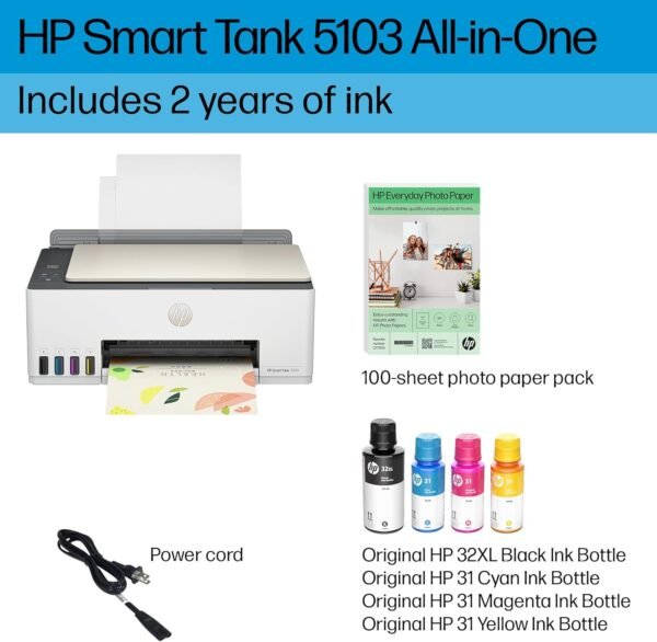 HP Smart Tank 5103 Wireless All-in-One Ink Tank Printer with 2 Years of Ink and 100sheets of Photo Paper Included, Print, scan, Copy, Best-for-Home, Refillable Ink Tank(5D1B2A)