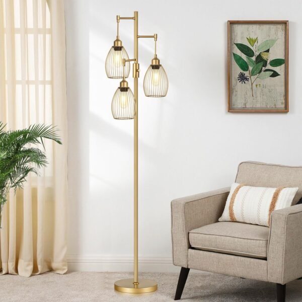 711s6pgi6IL._AC_SL1500_.jpg Dimmable Industrial Floor Lamps for Living Room, Gold Tree Standing Tall Lamps with 3 Elegant Teardrop Cage Head & 800 Lumens LED Bulbs for Bedroom Office