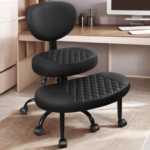 Cross Legged Office Meditation Chair with Wheels - Adjustable Height Yoga Kneeling Chair with Lumbar Support - Black