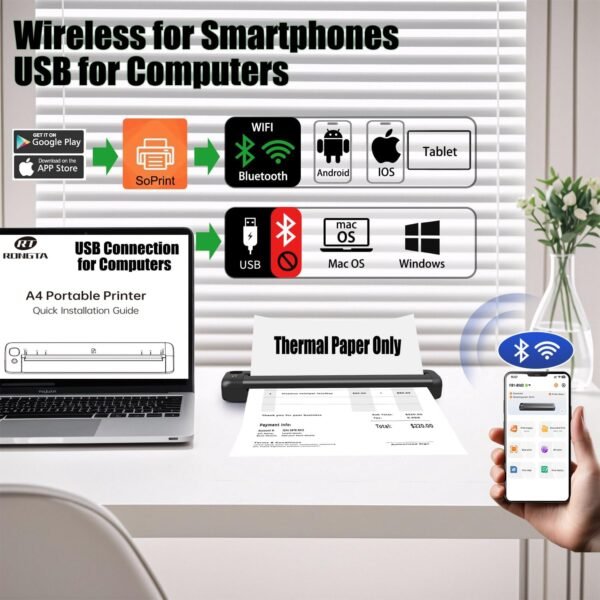 Rongta Portable Printer Wireless for Travel, Bluetooth WiFi Inkless Thermal Printers for 8.5" x 11" US Letter & A4 Size, Compatible with Android iOS Phone Mac Windows Laptop for Office & Home (Gray)