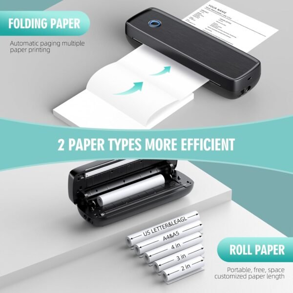 Portable Wireless Printer for Travel - 504 DPI High Resolution Inkless Mini Thermal Print, 4200mAh Battery, Bluetooth & USB (A4, A5, Letter, Legal) Compatible with Android and iOS,Black