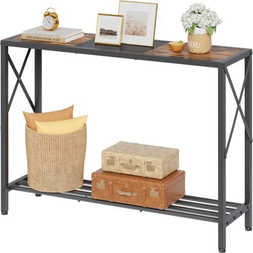Tajsoon Console Table, 2-Tier Industrial Entryway Table, 41.8”L Narrow Entrance Sofa Table with Shelves, Hallway, Living Room, Foyer, Corridor, Office, Rustic Brown and Black