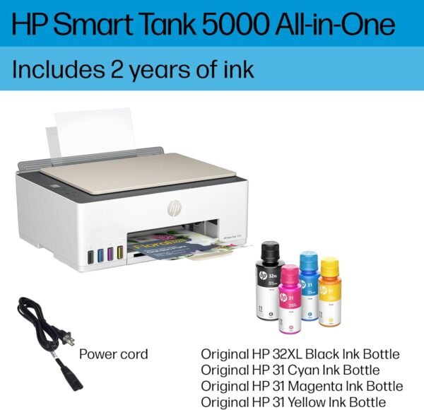 HP Smart-Tank 5000 Wireless All-in-One Ink-Tank Printer with up to 2 years of ink included, mobile print, scan, copy, white, 17.11 x 14.23 x 6.19