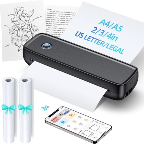 Portable Wireless Printer for Travel - 504 DPI High Resolution Inkless Mini Thermal Print, 4200mAh Battery, Bluetooth & USB (A4, A5, Letter, Legal) Compatible with Android and iOS,Black