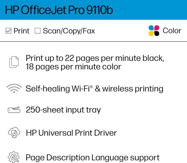 HP OfficeJet Pro 9110b Wireless Color Inkjet Printer, Print, Duplex Printing Best-for-Office (5A0S1A)