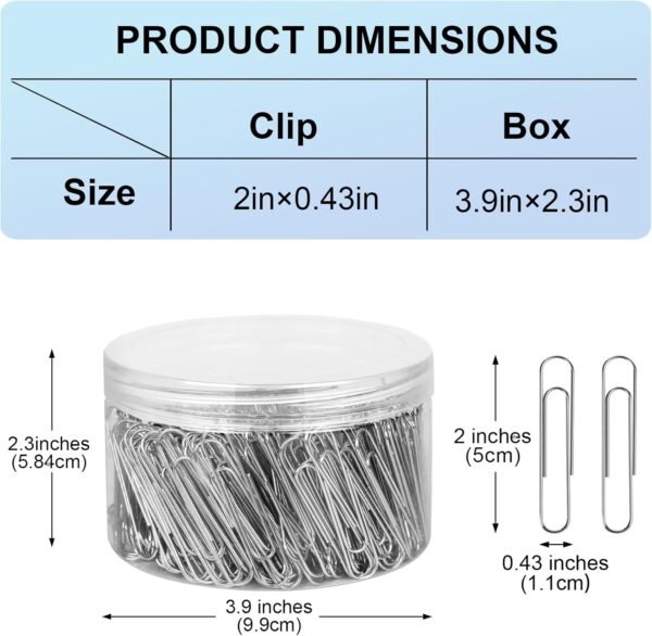 280 Pcs Large Paper Clips, 2 Inch Jumbo Silver Paperclips, Stainless Steel, for Office, School and Teacher Supplies