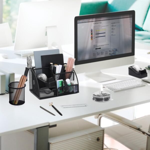 13-in-1 Office Desk Organizer Set with Stapler and Tape Dispenser, Pen Holder, Scissors, Ruler, Hole Punch, 2 Pens & More - All-in-One Desktop Accessories for Home Office School Supplies (Black)