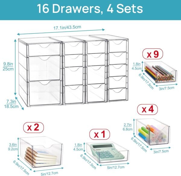 Vtopmart Acrylic Organizer with 16 Drawers (4 Set),Clear Storage Drawers for Office Supplies,Desk Organization and Storage for Makeup,Jewelry,Art Crafts