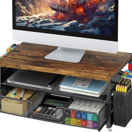 gianotter Monitor Stand Riser, Desk Organizer with Drawer and Pen Holder, 2-Tier Computer Stand, Office Desk Accessories, Office Organization (Wood)