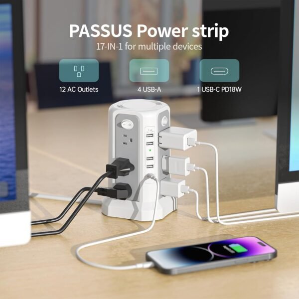 Surge Protector Power Strip Tower with USB C Port(PD18W),10FT Extension Cord with 12 AC Outlets 5 USB Charging Ports, PASSUS Power Tower Surge Protection for Home Office DormRoom