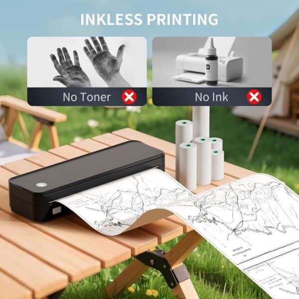 Portable Printer with 6 Rolls Multi-Size Paper, Bluetooth Inkless Thermal Printer Compatible with iOS, Android, Laptop, Used for Travel, Office, Home(Black)