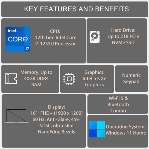 ASUS Vivobook Laptop, 16" FHD+ (1920 x 1200) Display, Intel Core i7-1255U Processor, 24GB RAM, 1TB SSD, Webcam, HDMI, Wi-Fi, Windows 11 Home, Black