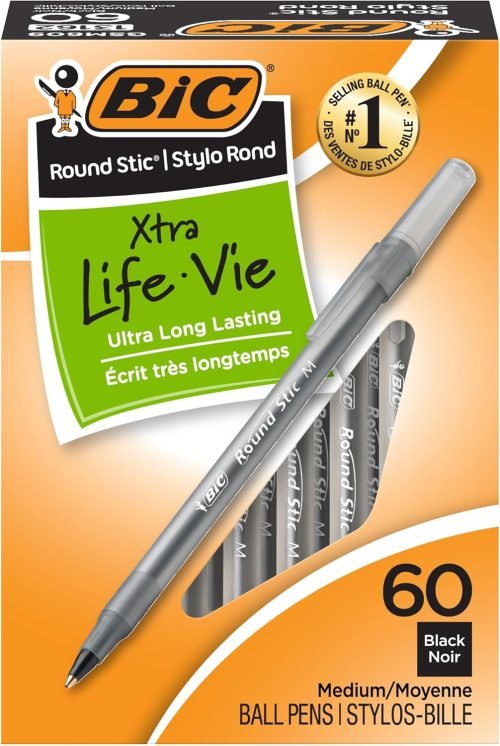 BIC Round Stic Xtra Life Black Ballpoint Pens, Medium Point Pens (1.0mm), 60-Count Pack of Bulk Pens, Flexible Round Barrel for Writing Comfort, No. 1 Selling Ballpoint Pens