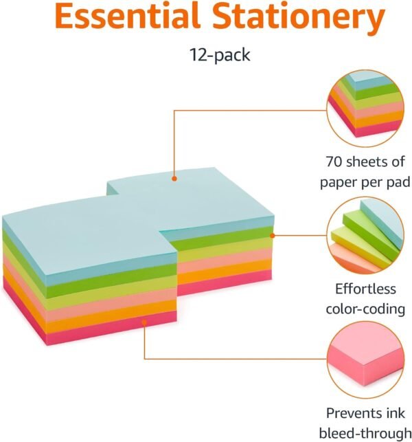 Amazon Basics Bulk Sticky Notes Office Supplies for Desk, 3x3 inch, 12-Pack, Assorted Colors