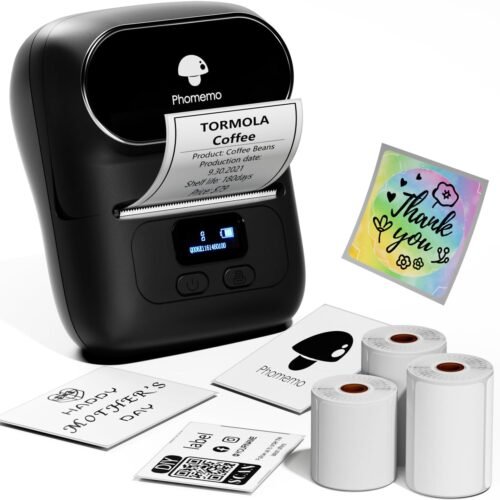 Phomemo Label Maker - M110 Address Label Printer Bluetooth Thermal Printer for Business, Office, School, Home-use, Barcode, Logo, Clothing Label, with 3 Label, Black