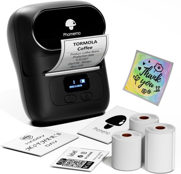 Phomemo Label Maker - M110 Address Label Printer Bluetooth Thermal Printer for Business, Office, School, Home-use, Barcode, Logo, Clothing Label, with 3 Label, Black