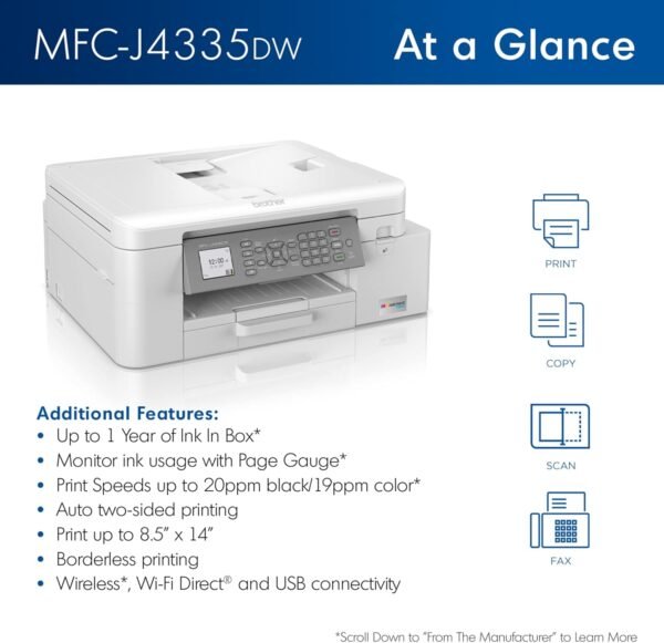 Brother MFC-J4335DW INKvestment Tank All-in-One Printer with Duplex and Wireless Printing Plus Up to 1-Year of Ink in-Box, Works with Alexa