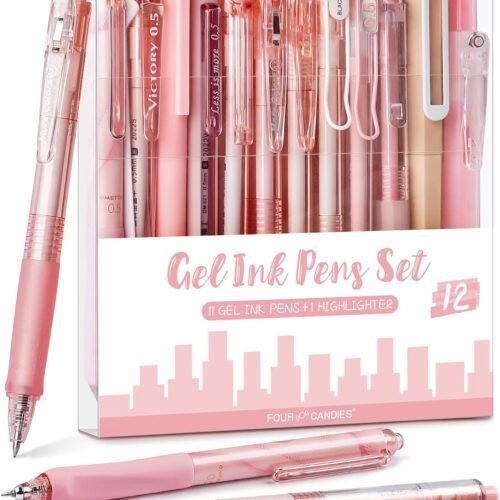 Four Candies 12Pack Pastel Gel Ink Pen Set, Cute Note Taking 0.5mm Fine Point Retractable 11 Pack Black Ink Pens with 1Pack Highlighter for Writing, School, Office (Pink)