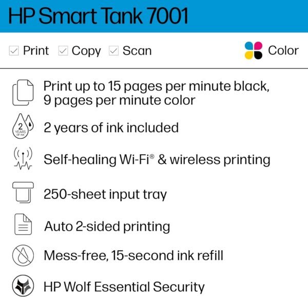 HP Smart -Tank 7001 Wireless All-in-One Cartridge-free Ink -Tank Printer, up to 2 years of ink included, mobile print, scan, copy (28B49A)