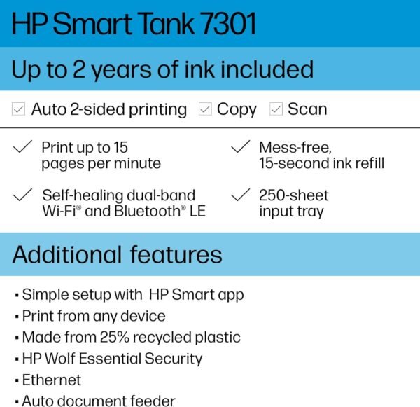 HP Smart -Tank 7301 Wireless All-in-One Cartridge-free Ink Printer, up to 2 years of ink included, mobile print, scan, copy, automatic document feeder (28B70A), Gray
