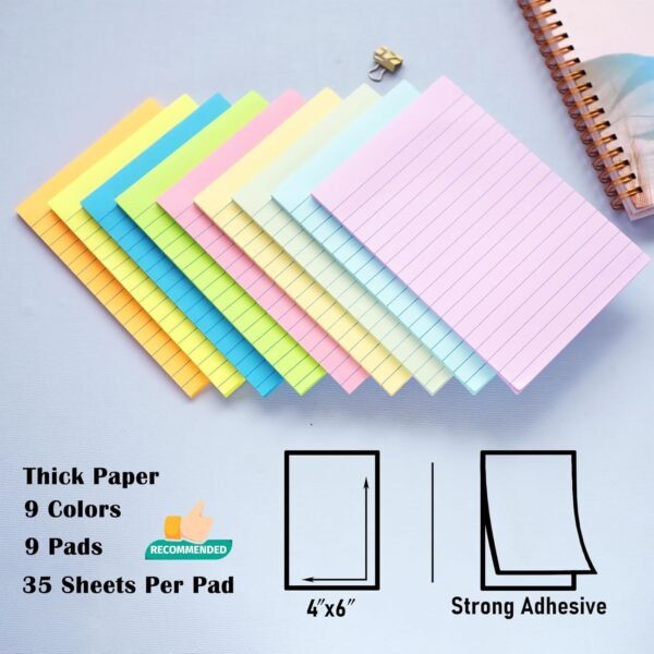 9 Pack Lined Sticky Notes 4X6 in Post, 9 Pastel Colors Large Ruled Post Sticky Colorful Super Sticking Power Memo Pads Strong Adhesive, Sticky Notes with Lines Office, Home, 35 Sheets/pad