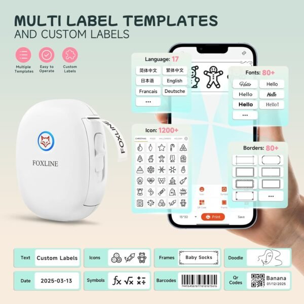 F10 Label Maker Machine with Tape, Portable Bluetooth Thermal Mini Label Printer, Rechargeable Sticker Maker, Inkless Labeler for Home, School, Kitchen, Office Organization, White