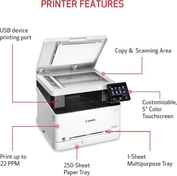 Canon Color imageCLASS MF652Cw - Wireless Laser Printer, Multifunction with Scanner, Copier, Mobile Ready, 3 Year Limited Warranty, 22 PPM Color, White