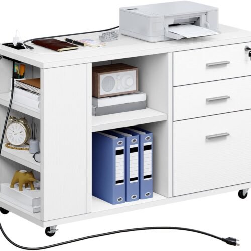 YITAHOME File Cabinet with Charging Station, Mobile Lateral Filing Cabinet with Lock for Home Office, Printer Stand with Open Storage Shelf, Fits A4, Letter, Legal Size Files, Office Furniture, White