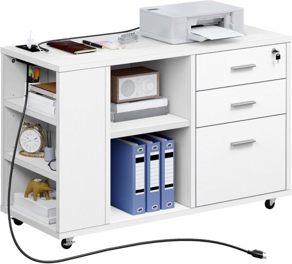 YITAHOME File Cabinet with Charging Station, Mobile Lateral Filing Cabinet with Lock for Home Office, Printer Stand with Open Storage Shelf, Fits A4, Letter, Legal Size Files, Office Furniture, White