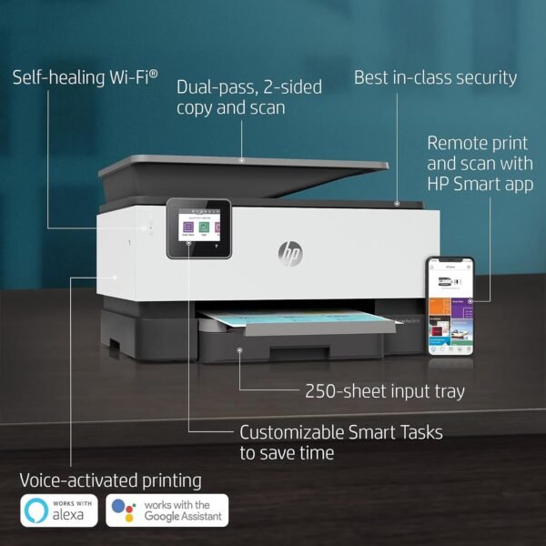 HP OfficeJet Pro 9015 All-in-One Wireless Color Printer, with Smart Home Office Productivity, HP Instant Ink, Works with Alexa (1KR42A)