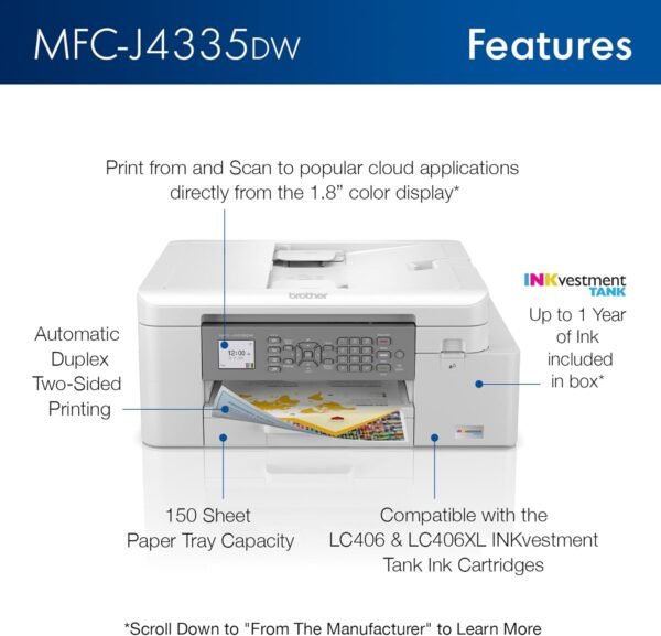 Brother MFC-J4335DW INKvestment Tank All-in-One Printer with Duplex and Wireless Printing Plus Up to 1-Year of Ink in-Box, Works with Alexa