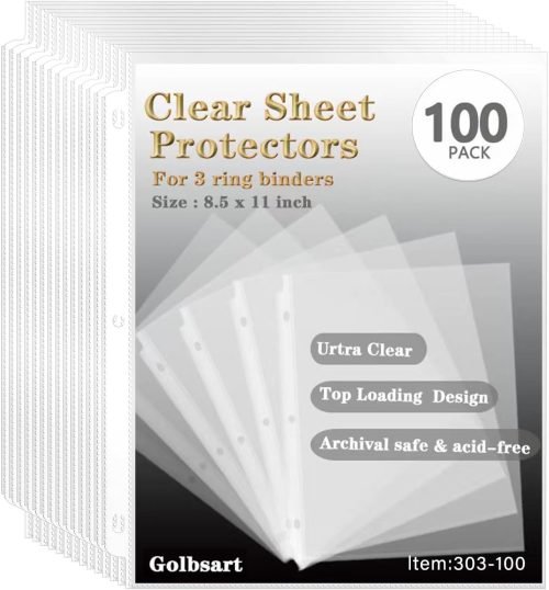 71IREgJSoCL._AC_SL1500_.jpg Sheet Protectors 8.5 x11 Inch, 100 Pack Page Protectors for 3 Ring Binder, Top Loading Plastic Sleeves with Reinforced 3-Hole Punch for Binders, Letter Size, for Documents and Photos, Office Supplies.