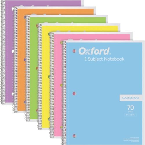 Oxford Spiral Notebook, 1 Subject, College Ruled Paper, 8 x 10-1/2 Inch, Pastel Pink, Orange, Yellow, Green, Blue and Purple, 70 Sheets (63756), Set of 6