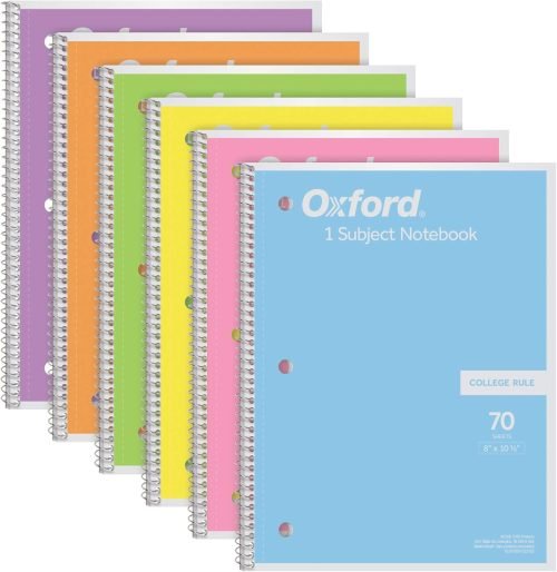 Oxford Spiral Notebook, 1 Subject, College Ruled Paper, 8 x 10-1/2 Inch, Pastel Pink, Orange, Yellow, Green, Blue and Purple, 70 Sheets (63756), Set of 6