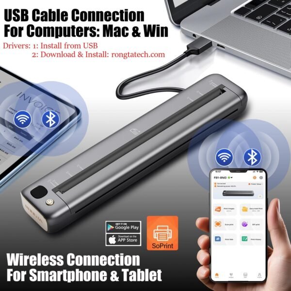 Rongta Portable Printer Wireless for Travel, Bluetooth WiFi Inkless Thermal Printers for 8.5" x 11" US Letter & A4 Size, Compatible with Android iOS Phone Mac Windows Laptop for Office & Home (Gray)